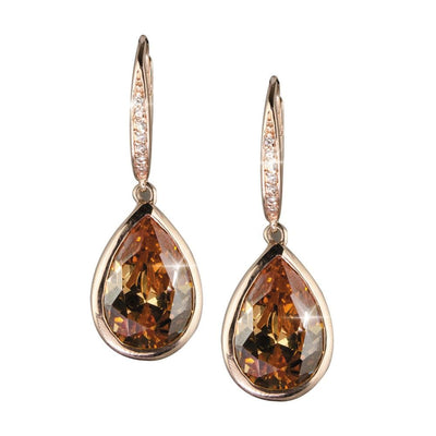 Delight Chocolate Pear Drop Earrings featuring pear-shaped chocolate gemstones set in sterling silver with rose gold plating, designed for women seeking elegant jewelry.