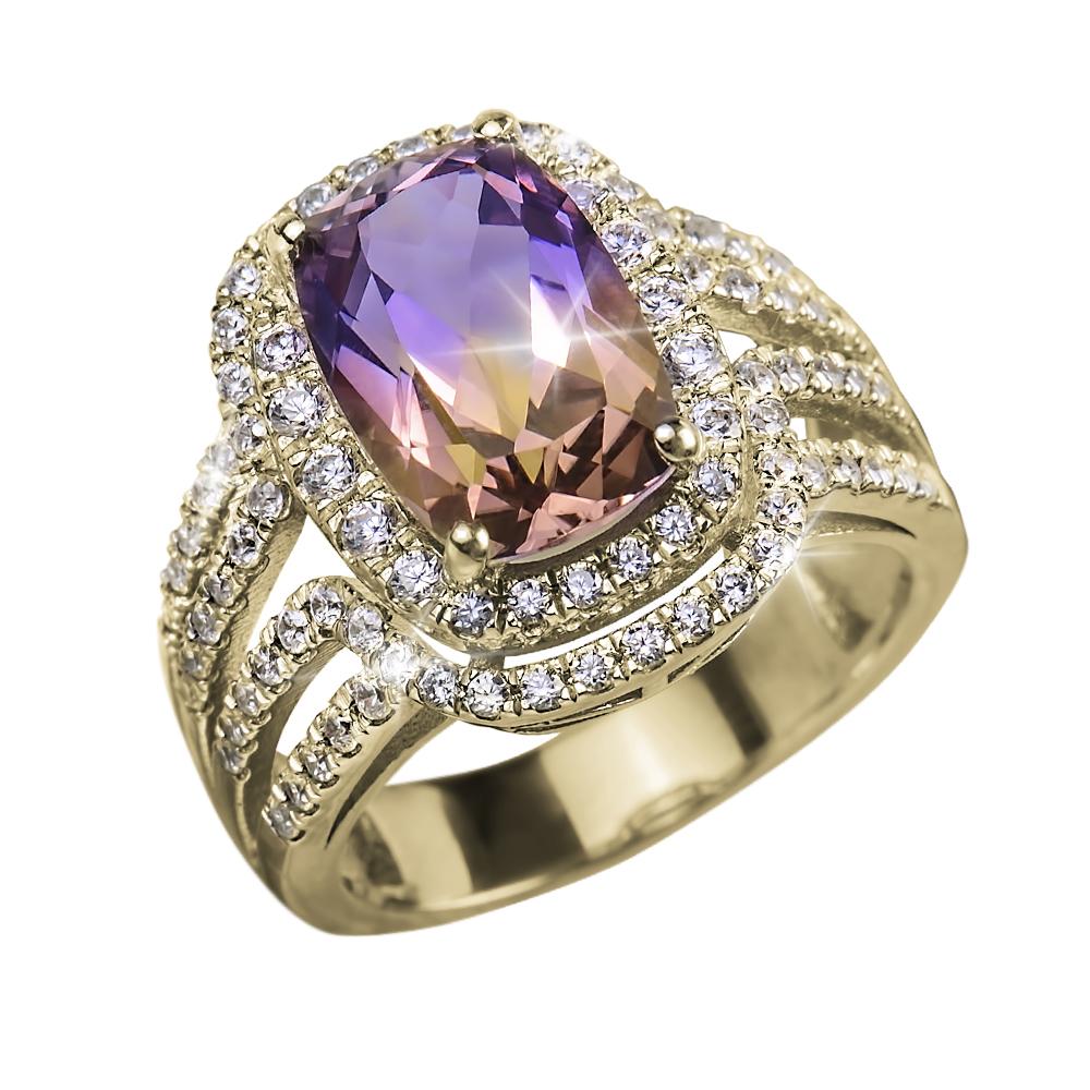 Ametrine Ring featuring a large ametrine gemstone set in sterling silver with gold plating, surrounded by sparkling diamonds, designed for women’s jewelry.