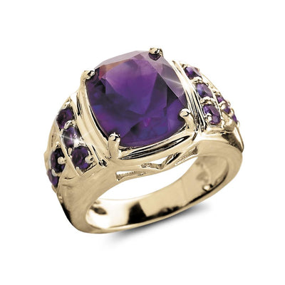 Majestic Amethyst Men's Ring featuring a large amethyst gemstone set in sterling silver with gold plating, accented with smaller amethyst stones on the band.