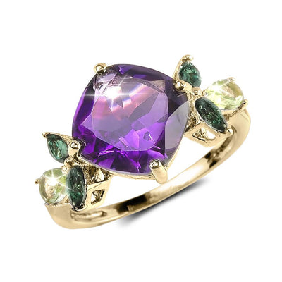 Violetta Ring featuring a large purple gemstone centerpiece with smaller green and light yellow stones set in sterling silver plated in gold, designed for women.