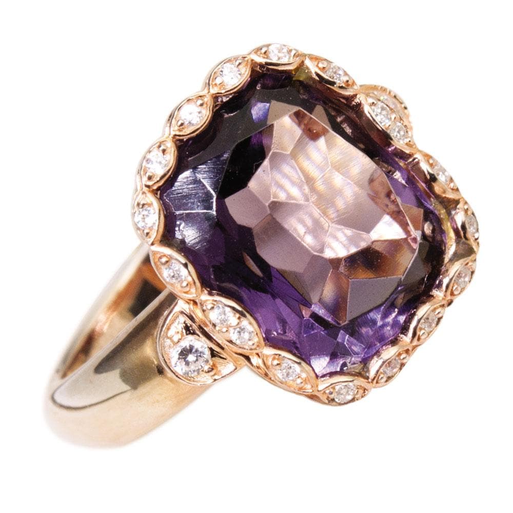 Athena Amethyst Ring featuring a large rectangular amethyst gemstone set in sterling silver with rose gold plating, accented by small sparkling stones, designed for females.