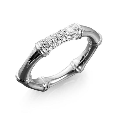 Bamboo Rhodium Ring crafted from sterling silver with rhodium plating, featuring a bamboo-inspired design and sparkling textured detail for women’s jewelry.