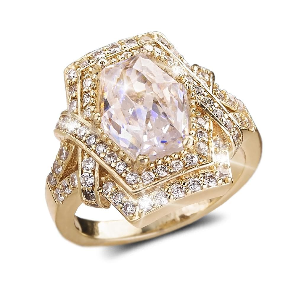Catalina Ring featuring a sterling silver base plated in gold with a large faceted central gemstone surrounded by intricate rows of sparkling smaller stones, designed for women.