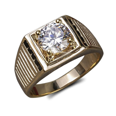 Malone Men's Ring featuring a gold plated sterling silver band with a large round clear stone centerpiece and textured sides, a stylish men's jewelry ring.