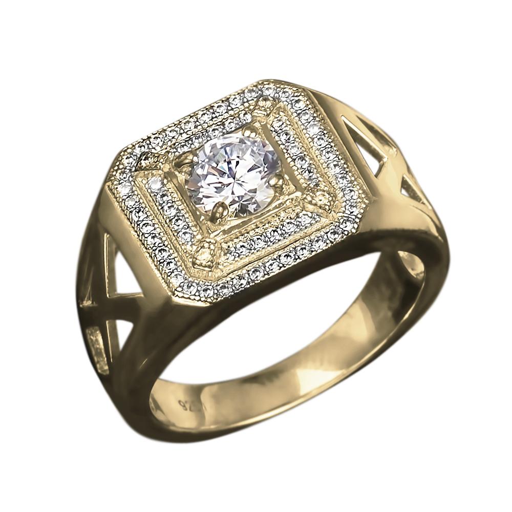 Nevada Men's Ring in sterling silver with gold plating featuring a central round clear stone surrounded by two rows of smaller sparkling stones on a wide band with cut-out details.