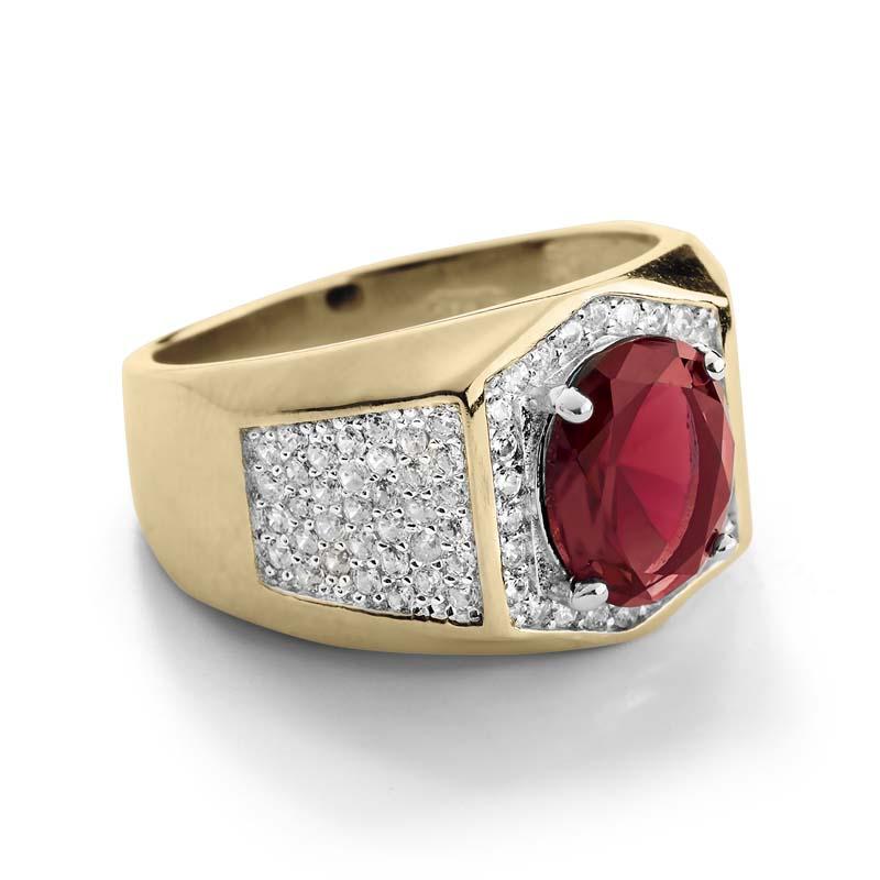 Rialto Red Men's Ring featuring a large red gemstone set in sterling silver with gold plating and surrounded by sparkling white stones, a bold jewelry piece for men.