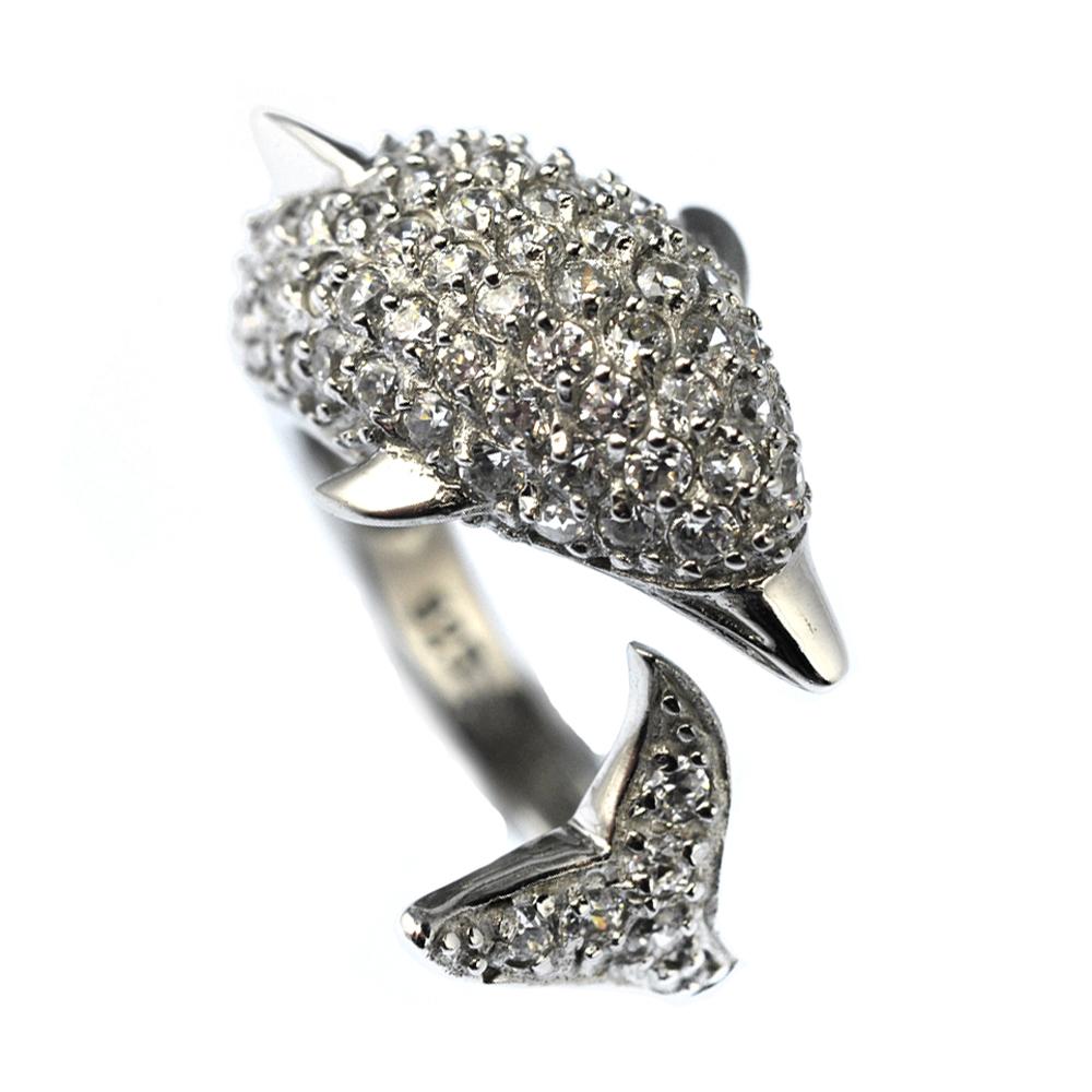 Dolphin Ring crafted in sterling silver with rhodium plating, featuring a dolphin design embellished with small sparkling stones, designed for women’s fine jewelry.