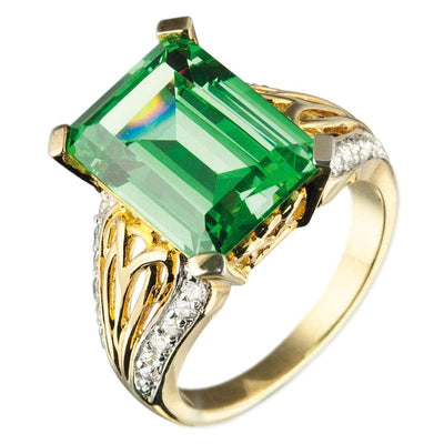 Harlequin Ring featuring a large emerald-cut green gemstone set in gold-plated sterling silver with intricate detailing and accent stones for women’s jewelry.