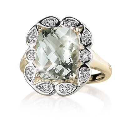 Enchanted Amethyst Ring featuring a large multifaceted pale amethyst gemstone set in sterling silver with gold plating, designed for a sophisticated female style.