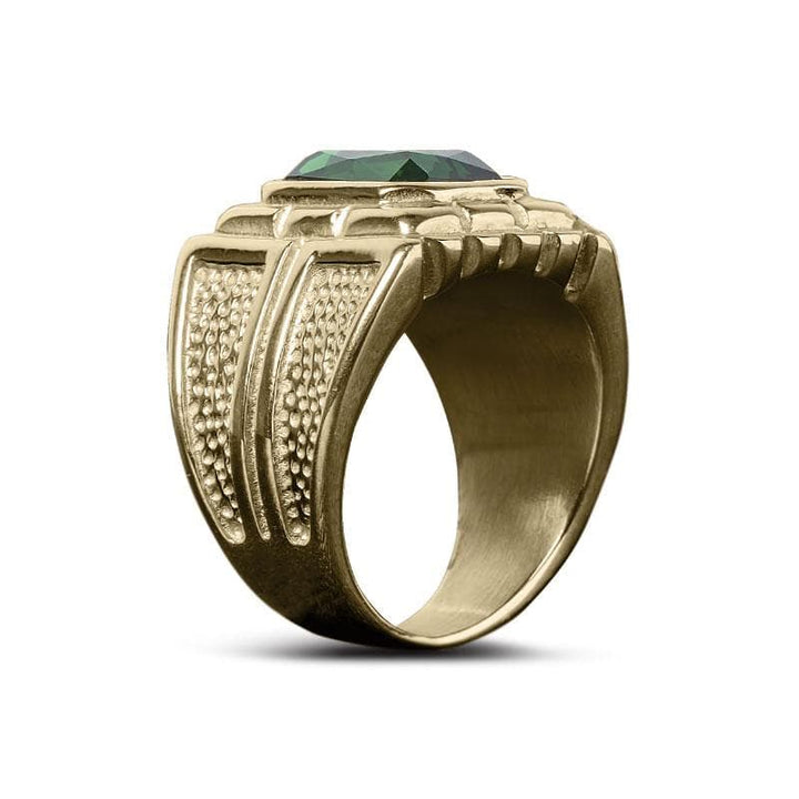 Metropole Men's Ring crafted from gold-plated stainless steel with a textured band and a green faceted stone centerpiece, perfect for men's jewelry collections.