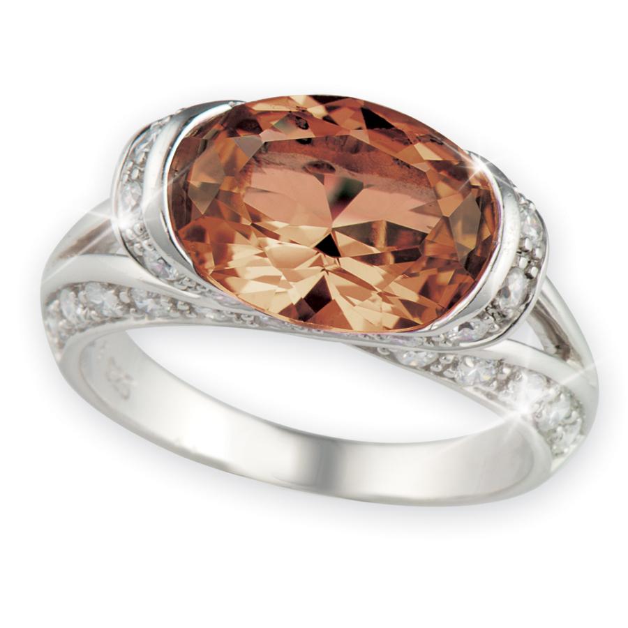 Embrace Ring Brown featuring a large oval brown gemstone set in sterling silver with rhodium plating, complemented by small clear accent stones for elegant female jewelry.