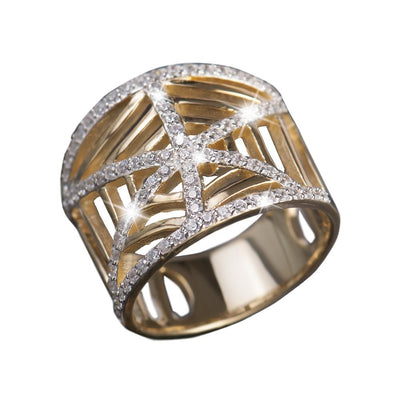 Golden Cobweb Ring for female, crafted from sterling silver with gold plating, featuring intricate cobweb design accented with sparkling stones, elegant jewelry ring.