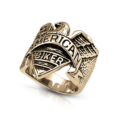 Eagle Rider Ring crafted in gold-plated stainless steel, featuring a bold eagle design with "American Biker" engraving, perfect men's jewelry for riders and collectors.