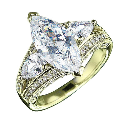 Millionaire Marquise Gold Ring featuring sterling silver base with gold plating, adorned with a large marquise center stone and sparkling accent stones for elegant female jewelry.