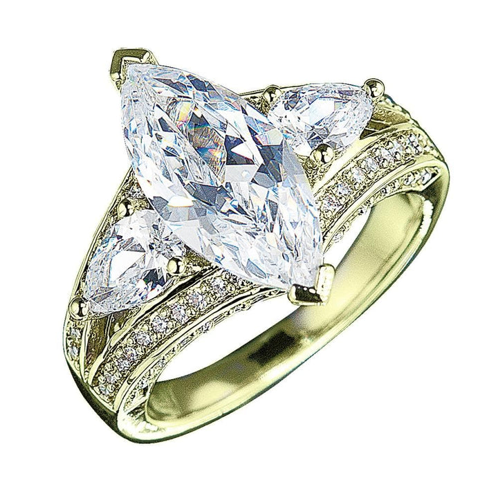 Millionaire Marquise Gold Ring featuring sterling silver base with gold plating, adorned with a large marquise center stone and sparkling accent stones for elegant female jewelry.