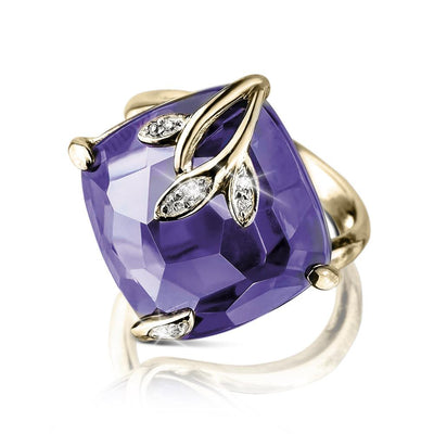 Harmony Floral Ring featuring a large faceted purple gemstone set in sterling silver with gold plating and accented by delicate leaf-shaped details with small clear stones.