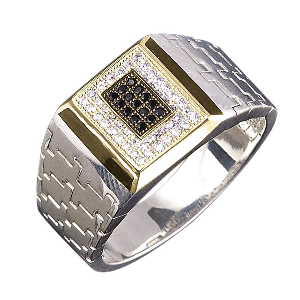 Puzzle Men's Ring in sterling silver with two-tone plating, featuring a distinctive puzzle pattern band and square-shaped setting adorned with black and clear stones.