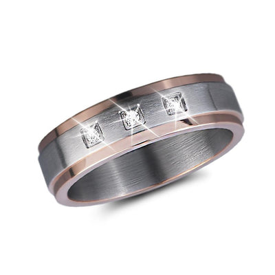 Trio Ring featuring a two-tone stainless steel band with three sparkling square-cut accents designed for men’s jewelry collections.