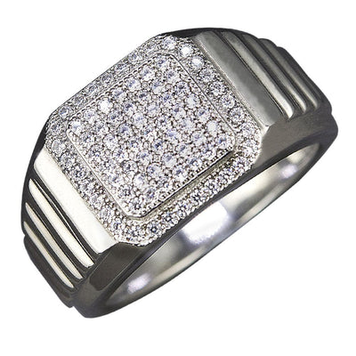Odyssey Men's Rhodium Ring crafted from sterling silver with a bold rectangular top encrusted with sparkling stones, designed for stylish men’s jewelry collections.
