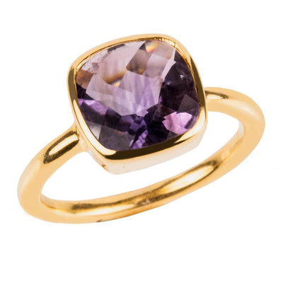 Dream Gems Ring Amethyst Purple featuring a sterling silver gold-plated band with a cushion-cut purple amethyst stone, elegant jewelry designed for women.