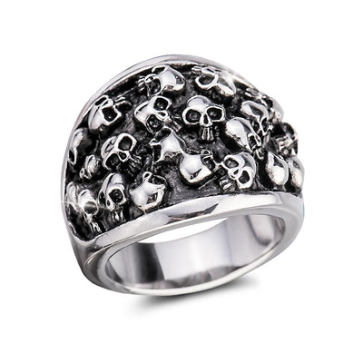Catacomb Men's Ring crafted from stainless steel, featuring a bold design of multiple detailed skulls for a striking and edgy jewelry statement.