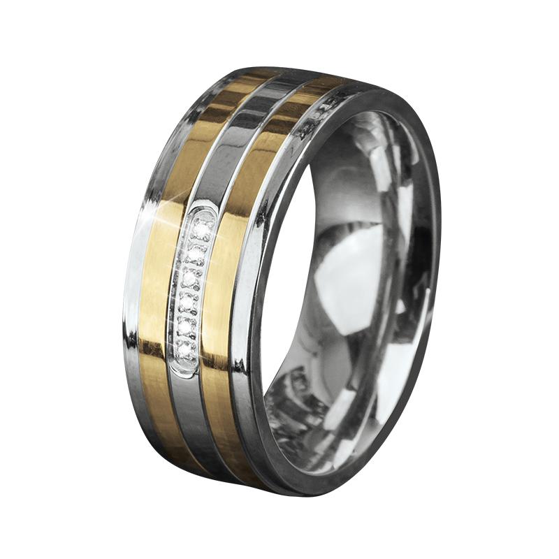 Mitre Two-Tone Ring featuring stainless steel material with alternating two-tone plating and a row of small embedded stones, designed for men’s jewelry collections.