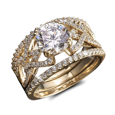 Golden Luna Ring crafted from sterling silver with gold plating, featuring a large central gemstone surrounded by intricate pavé-set smaller stones, designed for women.