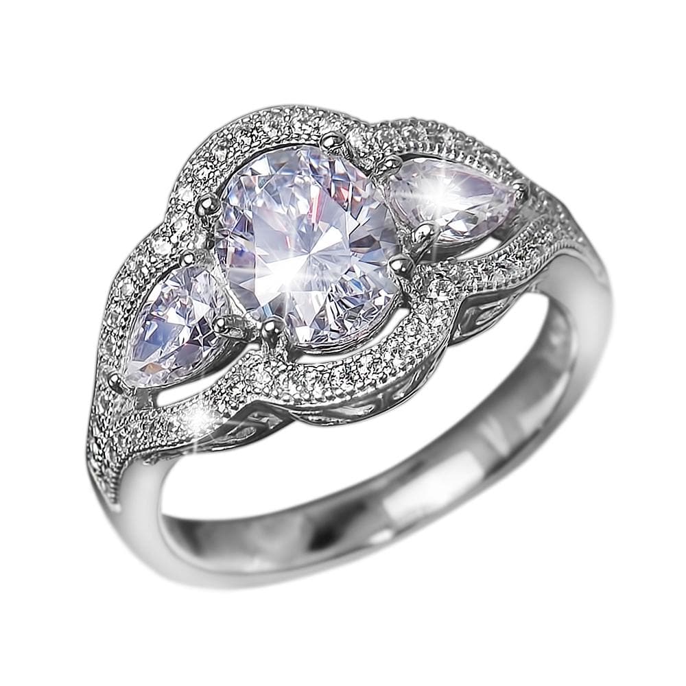Bellissima Ring featuring a sterling silver band with rhodium plating, showcasing a large central sparkling gemstone flanked by two smaller pear-shaped stones and pavé accents.