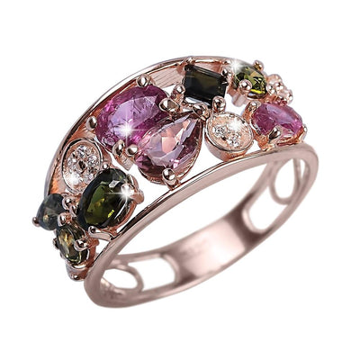 Tourmaline Spice Ring featuring multicolored gemstones set in sterling silver with rose gold plating, designed for females as elegant jewelry.