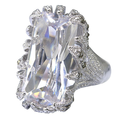 Wild Thorn Rhodium Ring featuring a large rectangular faceted crystal set in sterling silver with intricate rhodium-plated detailing, designed for women’s jewelry.