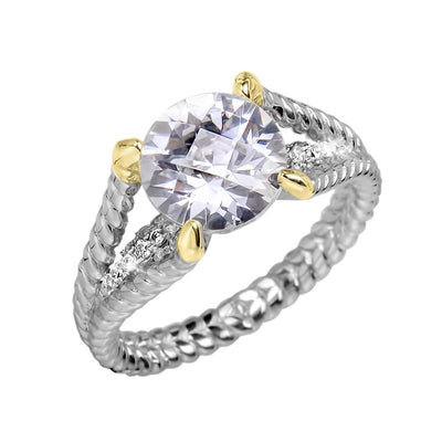 Solitaire Delight Ring featuring a sparkling round center stone set in a two-tone sterling silver band designed with elegant detailing for women’s jewelry.